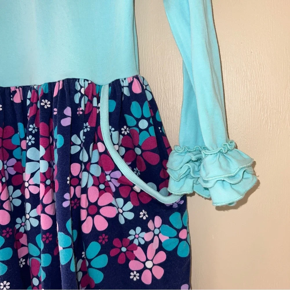 Kelly's Kids 8/10 Aqua & Floral Long Sleeve Dress with Pockets